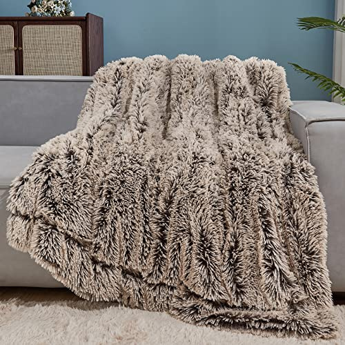 GONAAP Überwurfdecke aus Kunstfell, superweich, gemütlich, flauschig, zottelig, für Couch, Sofa, Bett (Frosty Brown, Überwurf (127 x 152,4 cm))