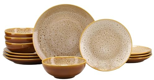 CreaTable, 23674, Serie Reactive Nostalgic (Cognac/Weiss), 12-teiliges Geschirrset für 4 Personen, Teller Set aus Steinzeug, spülmaschinen- und mikrowellengeeignet, Qualitätsproduktion