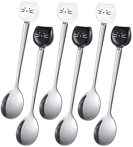 6 Stück Süß Edelstahl Katze Kopf Kaffee Löffel, Katze Liebhaber Löffel, Schön Löffel, Eiscreme Dessert Löffel zum Rühren Tee Kaffee Zucker Dessert (Schwarz, Weiß)