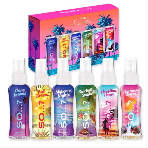 So…? Escapes Grande Womens Gift Set with Ibiza Dreams, Bali Breeze, Mykonos Nights, Santorini, Seychelle Sands, Hawaiian Honey, Body Mist Fragrance Spray Set (6 x 50ml.)§