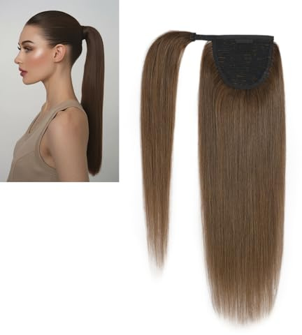 Larafona Human Hair 100 % äkta hår ponytail hästsvans förlängningar och clips i fläta hårdel 4# mellanbrunt hår 50 cm (20 tum)