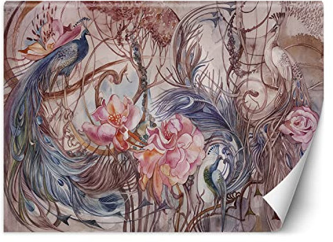 Feeby Papel Pintado Trópico Exótico Selva 300x210 cm Colorido XXL Fotomurales Tejido No Tejido Decoración De Pared Moderna Decorativos Dormitorio Para la sala hojas flores pavo real
