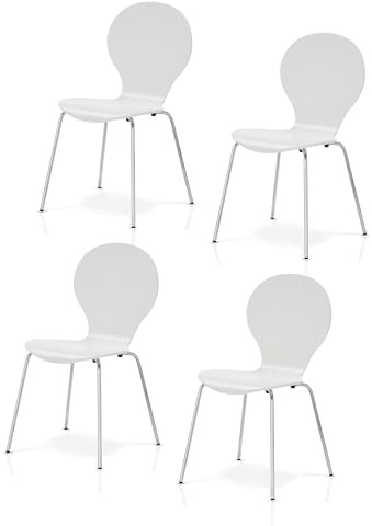 KHG 4er-Set Stapelstühle Esszimmerstuhl Schichtholz weiß glänzend | lackiert, Sitzhöhe 45 cm, Stuhlbeine aus Metall, stapelbar auch für Gastronomie geeignet, für Esszimmer und Wohnbereich