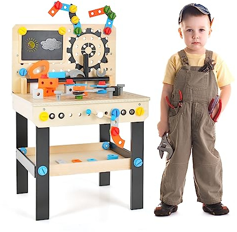 COSTWAY Werkzeugbank für Kinder, Werkbank Holz mit Tafel, hängendem Werkzeugständer & Zubehör, Spielzeug-Werkbank Werkstatt für Kinder ab 3 Jahren (Natur)