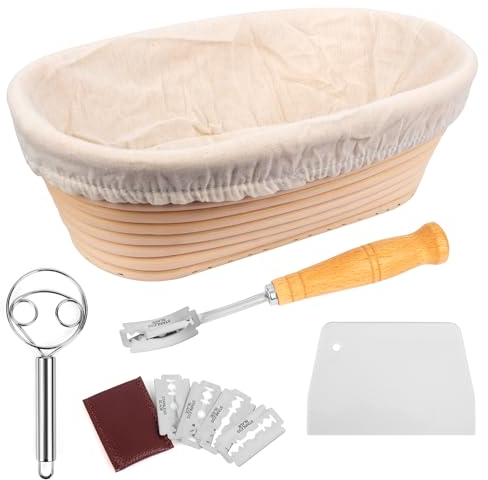 10 inch Bread Proofing Basket Set 100% Natural Bread Banneton Proofing Basket Oval Banneton Bowl Sourdough Bread Making Tools with Dough Whisk, Linen Liner Cloth, Dough Scraper, Bread Lame & Blades