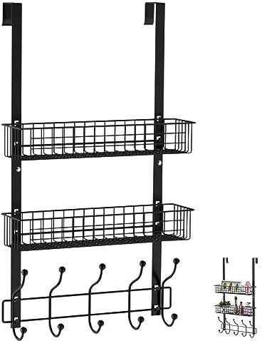 Qivine Türhaken zum Einhängen, Garderobenleiste mit Ablage, Türgarderobe, 10 Kleiderbügel Hakens mit 2 Mesh Korb, Korb für Garderobenhaken Tür Aufhänger, Kleiderhaken Tür für Bad und Küche, Schwarz