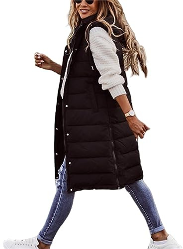 Kingkingma Chaleco largo acolchado para mujer, sin mangas, de algodón, ligero, con capucha, chaqueta de invierno para mujer, 1-negro, XXXXXL