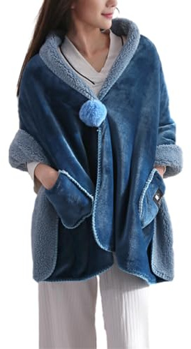 WUUISDNX Sängjacka med mjuk fleeceknapp med fickor Håll varm och bekväm över natten Ponchofilt för kvinnor Polyester, blå