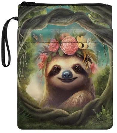 Poceacles Buchhülle mit Faultier-Blumendruck, mit Reißverschluss, waschbar, Buchschutz für Hardcover-Bücher, wiederverwendbare Schutzhüllen für Lehrbuch, Einheitsgröße, CZ25
