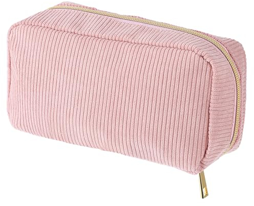 Giantree Damen klein Kosmetiktasche,Einfach Aufbewahrungstasche Mit 3 Innentaschen Corduroy Make up Tasche Tragbare Reise Make-up Taschen Waschtasche Hält Verschiedene Kosmetika und Werkzeuge(Rosa)