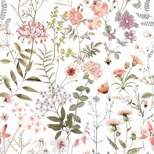 VEELIKE Vintage Peach Pink Floral Wallpaper 44.5 cm × 900 cm Green Leaf Wallpaper Self Adhesive Patterned Wildflowers Pink Botanical Wall Paper for Nursery Girls Bedroom Walls Cabinets Removable