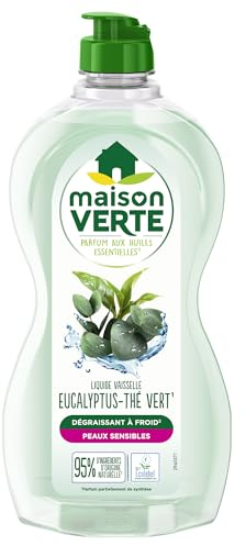 Maison Verte - Parfum aux Huiles Essentielles - Liquide Vaisselle - Parfum Eucalyptus-Thé Vert - Dégraissant à Froid - Pour Peaux Sensibles - 95% d'ingrédients d'origine naturelle - 500ml