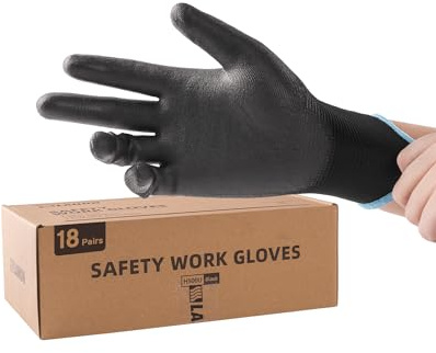 LANON 18 Pairs Black Safety Work Gloves, PU Coated, Full Fingertip Touchscreen Working Gloves for Men and Women, Lightweight, Seamless Knit, Power Grip, EN 388, S/7
