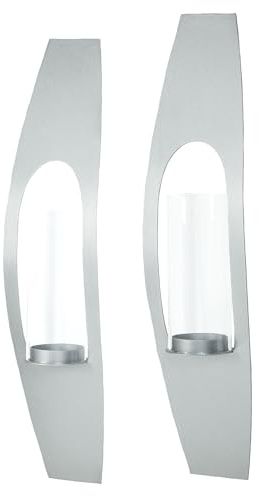 Candela Steel Metal Wall Sconce Pair | Silver | Set of Two | Contemporary Candle Holder with Included Hurricane Style Glass