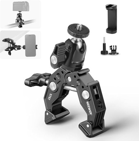 NEEWER Super Clamp mit Kugelkopf/Handyhalterung/Action Kamera Adapter, ST87 | mit Cold Shoe Halterung, für flache/runde Oberflächen, Kompatibel mit GoPro DJI iPhone 17 16 15 Pro Max