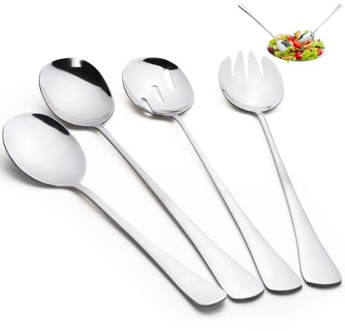 Mispudin 4 Stück Salatbesteck Edelstahl Groß, 28 * 5.5cm Salat Besteck Set, Salatlöffel Edelstahl Salatgabel und Servierlöffel, Vorlegebesteck, Servierbesteck für Buffet, Restaurant, Hotel, Bankett