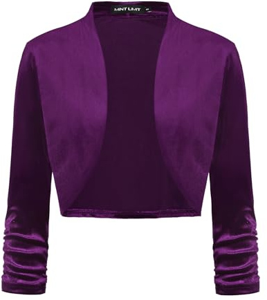 LADI TREND Women Cropped Cardigan Open Front Elegant Velvet Bolero Cardigans for Weddings Party (Purple S)