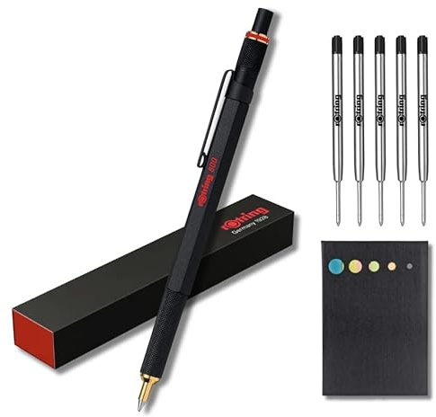 rOtring 800 Kugelschreiber-Set, schwarzer Schaft, mittlere Kugelschreiberminen, schwarze Tinte (5 Stück), Haftnotizen