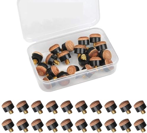 Cylocrya 20 Stück Billard Queue Spitzen für Snooker Schraubleder Billard Schraubspitzen, Langlebiges Queue Zubehör, Einfache Montage ohne Klebstoff, inkl. Aufbewahrungsbox
