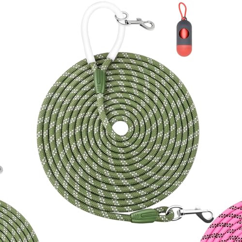 JoyfulPaws Rückrufleine für Hunde 1,8 m, 3 m, 6 m, 9 m, komfortabler Silikongriff, reflektierend, kein Verheddern, für kleine, mittlere, große Hunde, ideal für Spaziergänge, Camping (Olivgrün,9mx1cm)