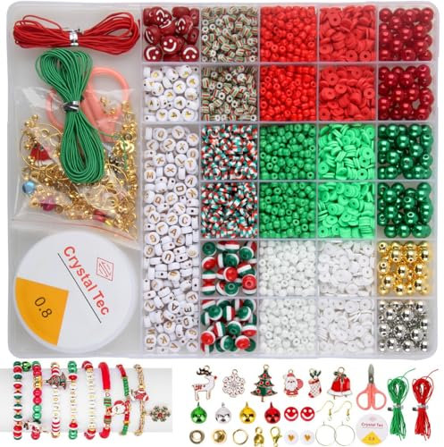 Perlen für Armbänder Weihnachten, 2700 Stück Armbänder Selber Machen mit 4/8mm Weihnachtsperlen und DIY Charms,Buchstabe Perlen (A-Z)，Freundschaftsarmbänder Selber Machen Bastelset (Weihnachten)