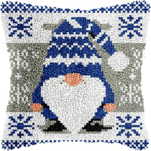 veirousa Christmas Blue Gnomes Latch Hook Kits for Adults Beginners, Pre-Printed Latch Hook Pillow Kit, Craft Rug Making Kits, DIY Embroidery Cushion for Home Sofa Decor & Gift Idea 17x17 in.