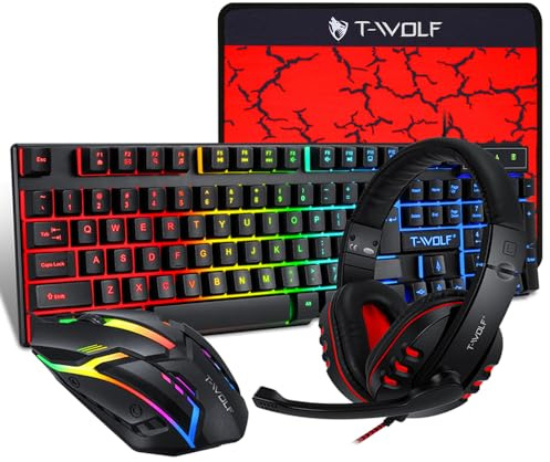 Hanzete TF800 Quattro Pezzi Gaming Combo Tastiera 104 Tasti Mouse Luce Respirante 4 colori Headset Gaming Tappetino per Mouse Antiscivolo