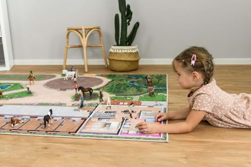 SkippiDoo Spielteppich – Kinderzimmer-Teppich mit Pferdehof, Reitplatz und Stallungen – Perfekt für Pferdefreunde & passend für Figuren wie Schleich® und Playmobil® (Ponyranch Deluxe, 220 x 140 cm)