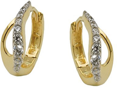 Creolen 13x5mm Klappcreolen, bicolor mit weißen Zirkonia, 375 Gold Gelbgold