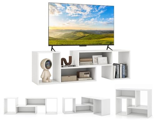 COSTWAY Mobile Porta TV Combinabile a 2 Pezzi, per TV Fino a 60'', Mobile TV a Angolo Soggiorno in Legno, con 4 Vani Aperti, Tavolo Media TV Multifunzionale, per Soggiorno, Camera da Letto (Bianco)
