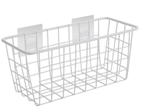 Drahtkörbe zum Organisieren, 11 x 4 x 5 Zoll Kleber hängende Korb, Eisen weiß hohl außen hängende Wandkorb für Küchenbad Pantry Schrank Bad Badezimmer