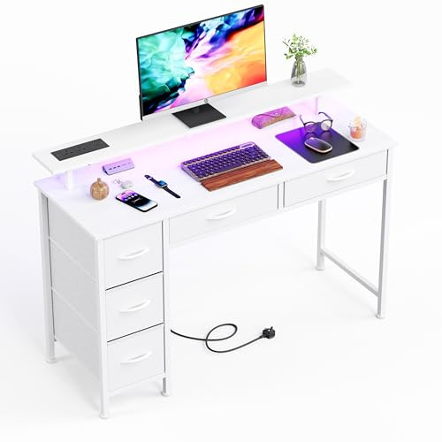 MUTUN 120CM Computer Desk with 5 Fabric Drawers, Gaming Desk with LED Lights & Power Outlets, Home Office desk with Monitor Stand, Work Desk with USB Charging Port, White