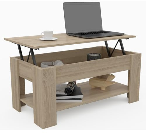DORMIDAN- Mesa de Centro elevable con Revistero, Comedor o Auxiliar, Mayor Estabilidad. (Roble)
