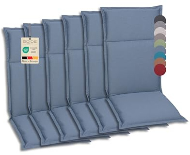 GO-DE Textil Bequeme und attraktive Polsterauflagen für Hochlehner-, Mittellehner- und Niederlehner-Gartenstühle (6er-Set, Uni Blau, Hochlehner)