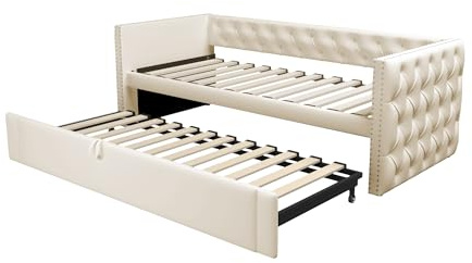 SogesPower 90x200 cm Ausziehbares Schlafsofa Beige, Multifunktionales 2-in-1 Möbelstück als Sofa & Gästebett, Klassische Knopfoptik, Stabiles Stahlgestell