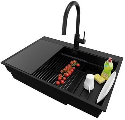 PRIMAGRAN Lavandino da Cucina Tutto Nero 78x53cm, Lavello in Granito a 1 vasca + Rubinetto 40x20cm + Set di accessori, Lavabo da Cucina Incasso al Mobile 80cm - Oslo Max Step S119
