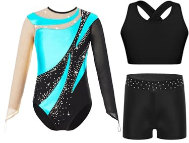Yruioon 3Pcs Mädchen Turnanzug Langarm Gymnastikanzug Glitzer Ballettanzug + Sport BH Tops + Shorts Gymnastik Leotard Wettbewerb Tanzkostüm