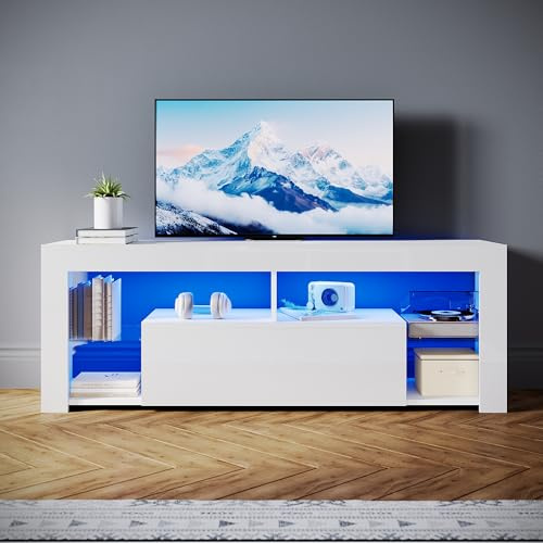 SONNI TV-skåp modernt 140 cm, lågbräda högglans vitt med 16 färger LED-belysning, lådor, öppna glasgolv, TV-bord för TV upp till 65 tum vardagsrum och sovrum, 140 x 35 x 50,5 cm.