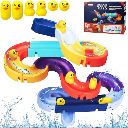 34 Stück Badespielzeug, Kinder Kugelbahn Badewannenspielzeug ab 3 4 5 6 Jahre, DIY Wasserspielzeug Murmelbahn Badewannen Spielzeug mit Saugnäpfe, Badespaß Geschenk 3-6 Jahre Mädchen Junge