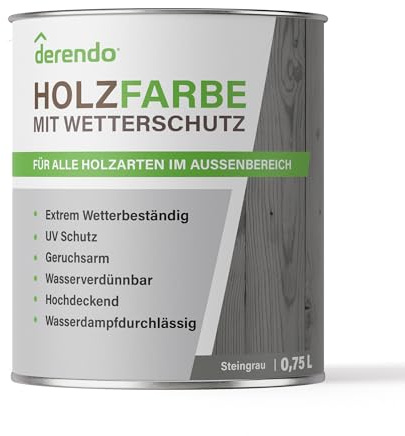 derendo Holzfarbe Steingrau außen wetterfest Wetterschutzfarbe Grau 750ml | Langzeitschutz, Holzlack seidenglänzend , Holzschutzlasur hohe Deckkraft, Außenbereich