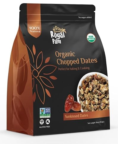 Royal Palm Organic Chopped Dates 16oz – 100% Organic, Natural Diced Dates, Non-GMO, No Added Sugar, Kosher, Vegan, Gluten-Free, Paleo, Healthy Dried Fruit for Baking, Cooking, Snacking, Smoothies & Salads