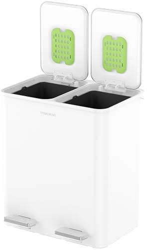 EverGrove 30L Dual Recycling Bin, 2 × 15L Pedal Bins with Soft‑Close Lids, Removable Inner Buckets and Waste Separation System, Stainless Steel for Kitchen or Office (Arctic White)