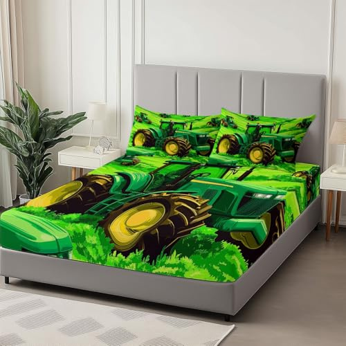 Lenzuola Matrimoniali Campagna Campi Trattore, Verde Set Lenzuola con Angoli in Microfibra con Angolo Fino a 30 cm con 2 Federe, Set completo da letto per Bambini e Adulti, 160 x 200 cm