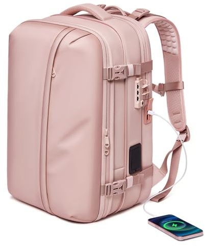 Asixxsix Sac à Dos de Voyage Sous Vide, Sac à Dos à Compression Extensible avec Serrure à Combinaison Antivol et Port USB, Sac pour Ordinateur Portable étanche pour Hommes et Femmes (Rosâtre)