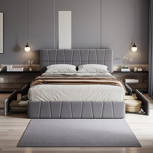 LIVLUX Lit 160x200 avec Sommier,Lit Double rembourré avec 4 tiroirs et réglable Tête de lit,Cadre de lit avec Rangement pour Adultes et Adolescents (Gris, 160 x 200 cm)