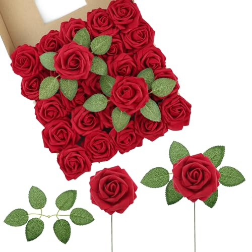 LEUCHTAMOR 50Pcs Artificial Roses Flowers Red Fake Roses Real Touch Foam Rose Heads for Wedding Bridal Bouquets Centerpieces Floral Arrangement Party Home Decoration