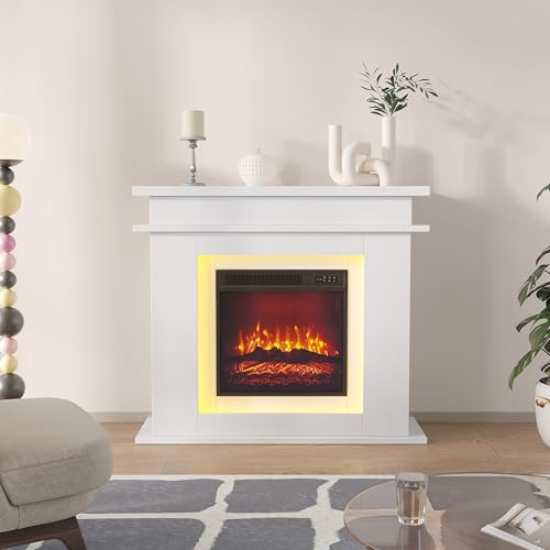 WSOFZMO Elektrokamin - Standkamin mit Heizung und Realistischer 3D-Flammeneffekt, Weihnachtsdekoration (e-Kamin Weiß)