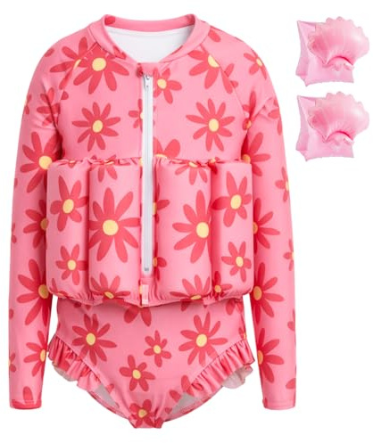 Summshall Toddler Swimsuit with Floatation, Baby Girls Long Sleeve Floating Bathing Suit Front Zipper Floatie Swim Suit for Summer Beach