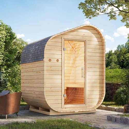 Karibu Sauna Extérieur Tonneau 2-4 Places, Épicéa Nordique 38mm, Poêle 9kW, Porte Vitrée | Dimensions 199x175cm, Toit Isolant, Bancs Bois de Tremble