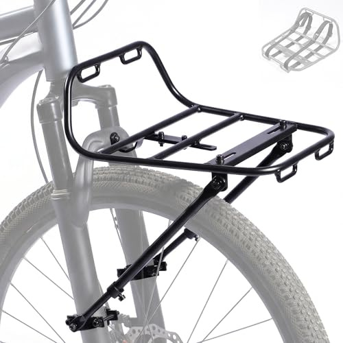Fahrrad-Frontgepäckträger - Fahrradträger vorne mit Stützstreben & verstellbaren Gurten - Aluminium Front-Ladung Pizzarack, stabil & keine Rassel, universell passend für Berg-, Kies- & Tourenräder
